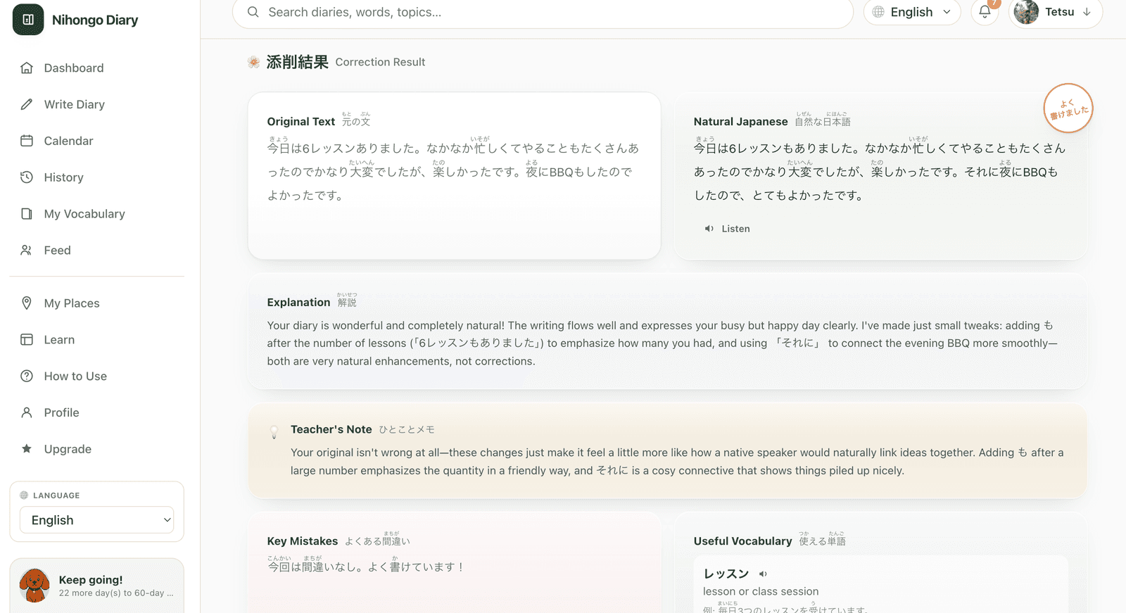 Nihongo Diary: a correction result showing the original text, the natural version, an explanation and vocabulary