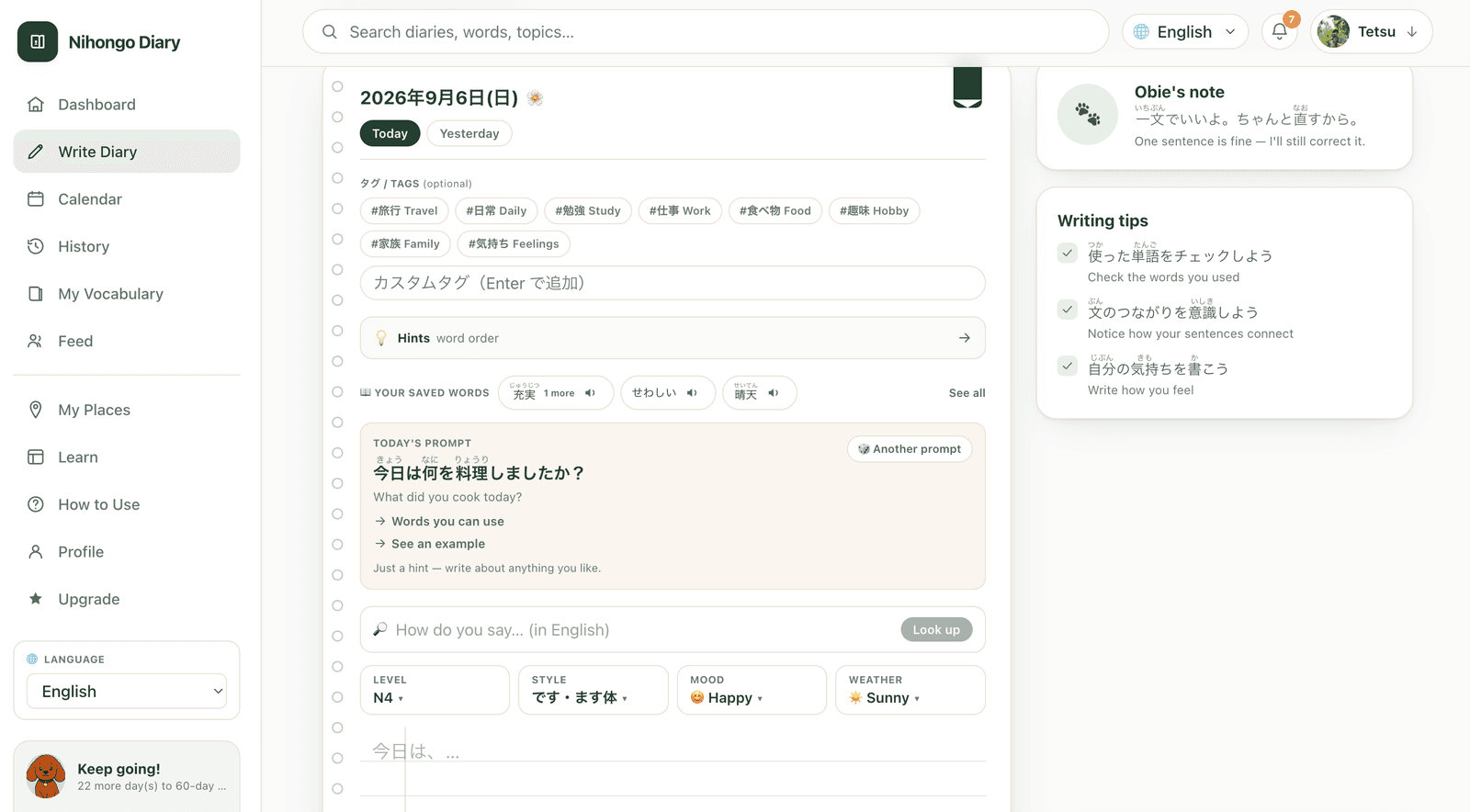Nihongo Diary: the diary writing screen with tags, a daily prompt and level settings