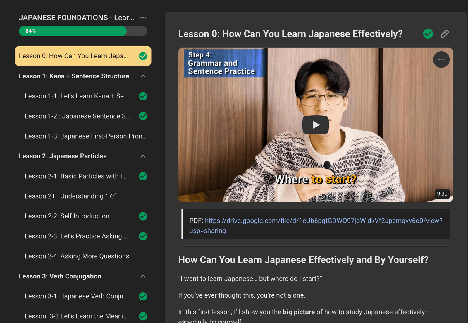 The Japanese Foundations course on Skool, showing the lesson list with progress and a lesson video